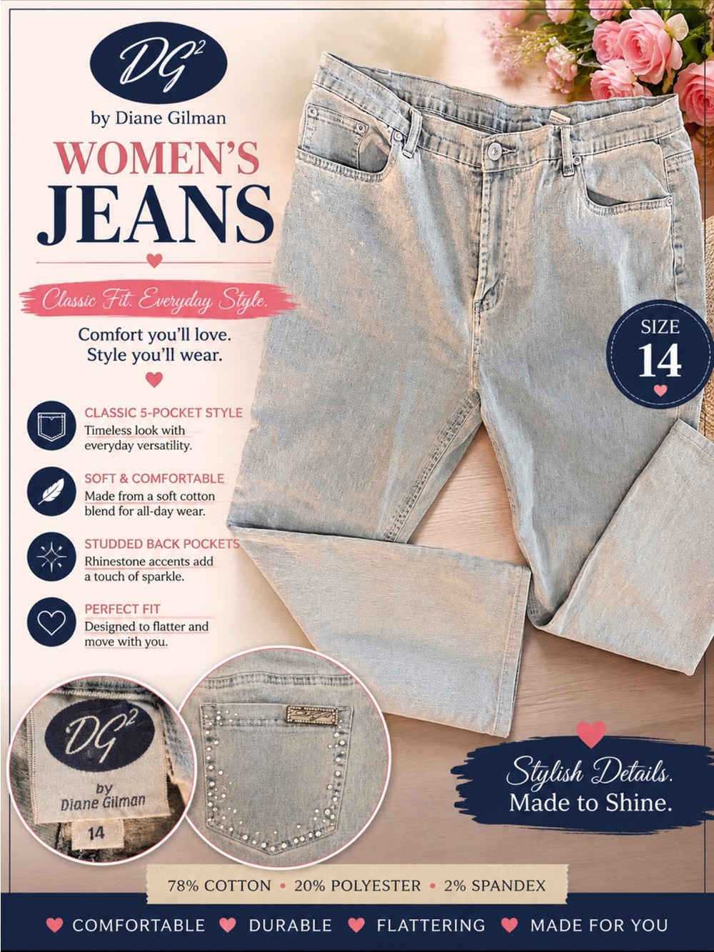 Diane Gilman Light Blue Straight Leg Jeans with Studded Back Pockets